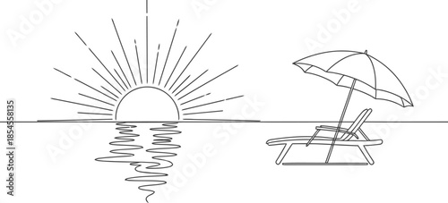 Minimalist line art drawing of a beach chair and umbrella at sunset