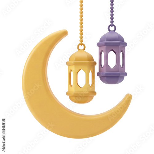 Ramadan Kareem Golden Crescent Moon with Hanging Lanterns