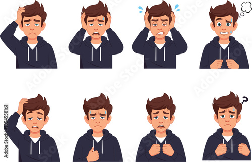 Anxious stressed cartoon boy facial expressions set illustrating mental health stress anxiety panic emotions psychology concept design communication therapy awareness