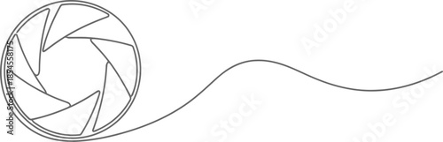 Abstract single line drawing of a camera aperture with a flowing tail
