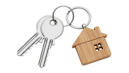 House keys and wooden house keychain isolated PNG, real estate concept for home ownership and property investment on transparent background