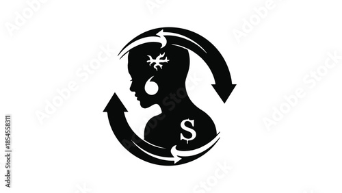 Silhouette of woman with dollar sign and gears symbolizing financial success and ambition