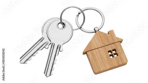 House keys and wooden house keychain isolated PNG, real estate concept for home ownership and property investment on transparent background