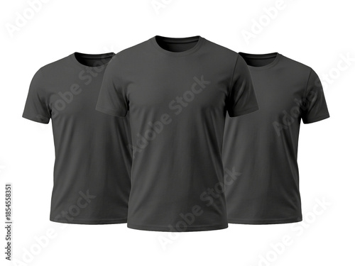Three Black T Shirt Mockup Front View Isolated on Black Background, Blank Apparel Set for Fashion Branding, Print Design, Merchandising and Ecommerce Presentation