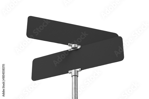 Blank Black Directional Street Sign Mockup Isolated on Black Background, Empty Wayfinding Road Sign on Metal Pole for Navigation, Traffic, Urban Branding and Design