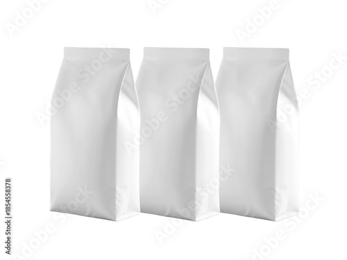 Three White Stand Up Pouch Bag Mockup Isolated on Black Background, Blank Matte Flexible Packaging for Coffee, Food, Supplements, Branding and Label Design