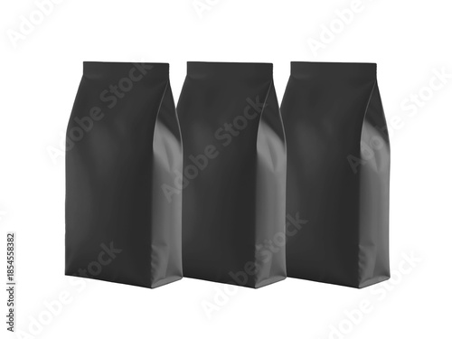 Three Black Stand Up Pouch Bag Mockup Isolated on Black Background, Matte Flexible Packaging for Coffee, Food, Supplements, Branding and Label Design