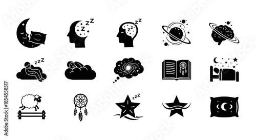 Black icons of dream symbols and thoughts.