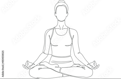 Line art drawing of woman meditating in lotus pose with hands in mudra