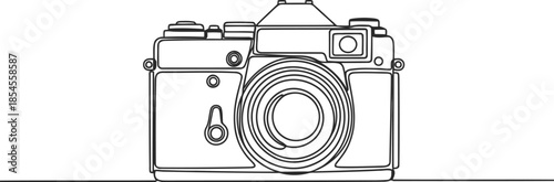 Minimalist line drawing of a vintage film camera on a white background