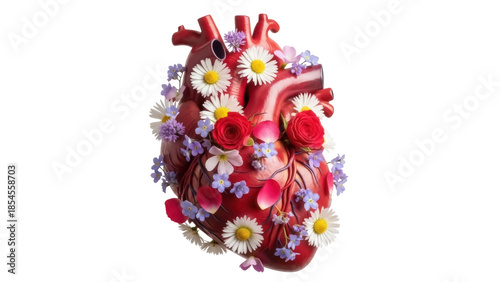 Anatomical heart with flowers isolated PNG, romantic love concept for Valentine s Day and medical design projects on transparent background