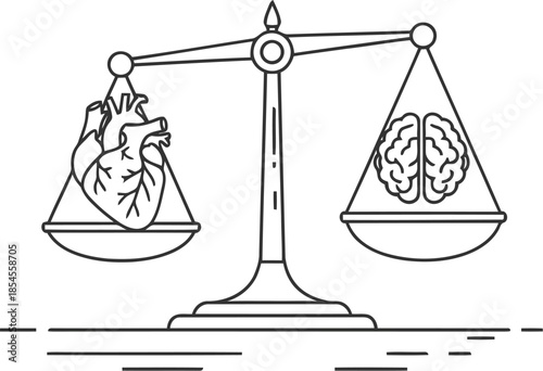 Scales of justice balancing heart and brain symbolizing emotion vs logic