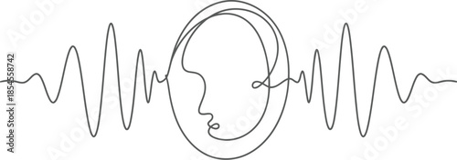 Abstract continuous line drawing of a human face within sound waves