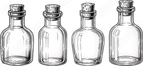 Vintage Cork Glass Bottle Set Etching Engraving Style Empty Apothecary Container Illustration Isolated