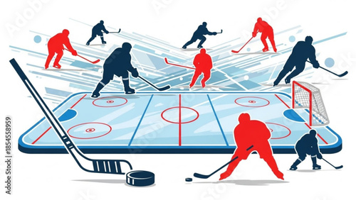 Ice hockey players in red and blue silhouettes playing on a smartphone screen with a hockey rink and puck, action packed scene with sticks and skates
