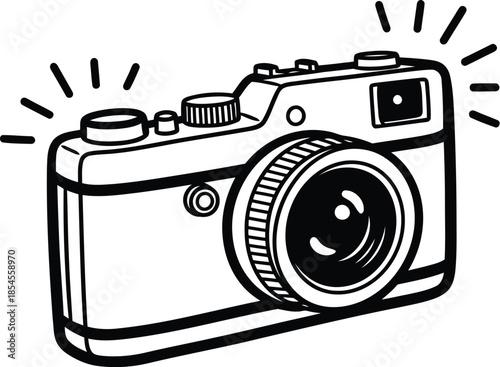 Hand drawn sketch of a vintage camera with a flash emitting light