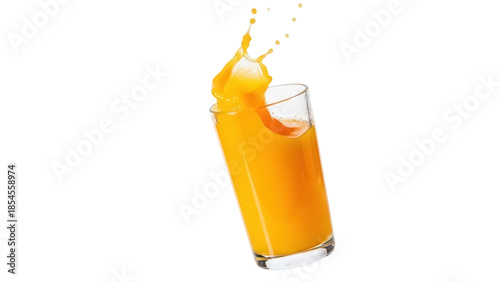 Fotografie Orange juice splashing in a glass isolated PNG, refreshing drink on transparent