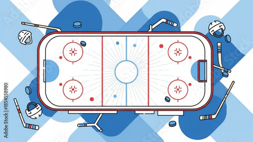 Ice hockey rink with equipment, overhead view, white and blue background, sports illustration, hockey field, game, sport, ice hockey, puck, sticks, skates, helmets