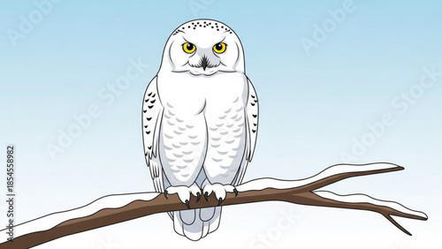 A white owl with yellow eyes perched on a snowy branch against a blue sky background, looking alert and calm with black spots and feathers visible