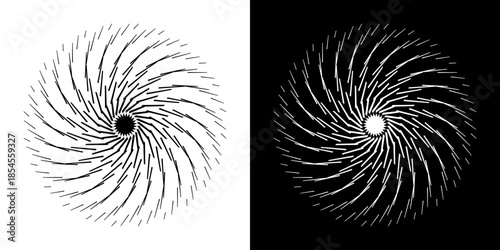 Abstract background with abstract line pattern in circles. Spiral art design as a logo or icon. A black figure on a white background and the same white figure on a black side. Mandala design with line