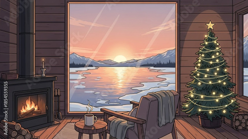 Cozy cabin interior with christmas tree, fireplace, and serene lake view at sunset, warm and inviting winter wonderland scene with snow, mountains, and peaceful atmosphere