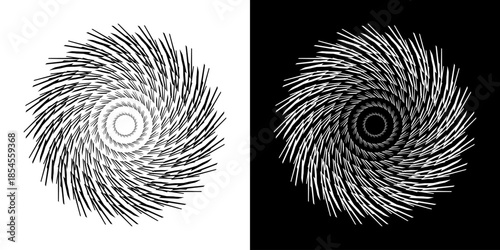 Abstract background with abstract line pattern in circles. Spiral art design as a logo or icon. A black figure on a white background and the same white figure on a black side. Mandala design with line