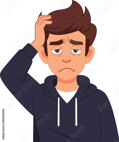 Tired sad cartoon boy feeling exhausted stressed confused, emotional facial expression illustration for fatigue depression psychology concepts design