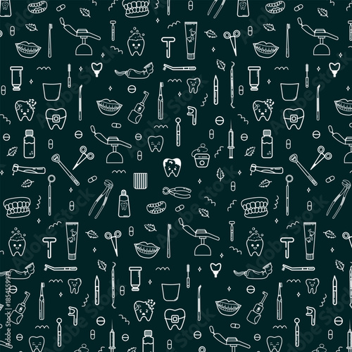 dentist equipments doodle  with various dental equipment Stomatology orthodontics oral health care and hygiene dental instruments seamless pattern