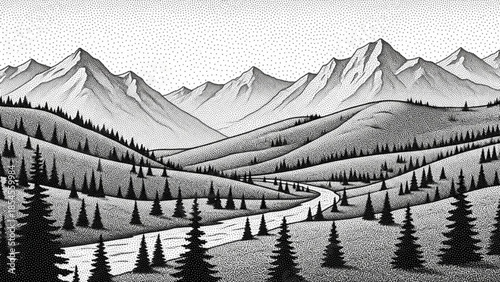 Serene mountain landscape with rolling hills, winding river, and evergreen trees under majestic snow capped peaks in a black and white illustration