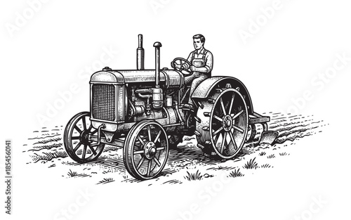 Farmer Driving Vintage Tractor Vehicle Hand Drawn Engraving Illustration