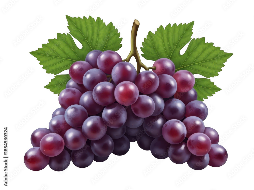 Fototapeta premium Bunch of grapes with leaves isolated on transparent background