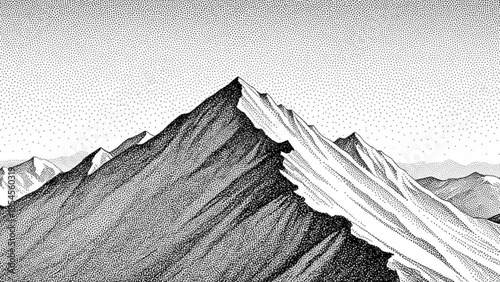 Monochromatic illustration of rugged mountain range with snow capped peaks and detailed texture under clear sky