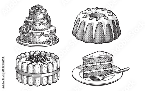 Set of Vintage Cakes and Pastry Desserts Engraving Illustration