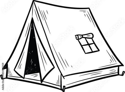 Hand drawn sketch of a canvas tent with an open door and window