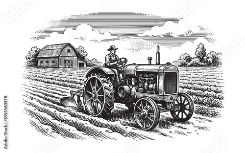 Farmer Driving Vintage Tractor Plowing Field Engraving Illustration
