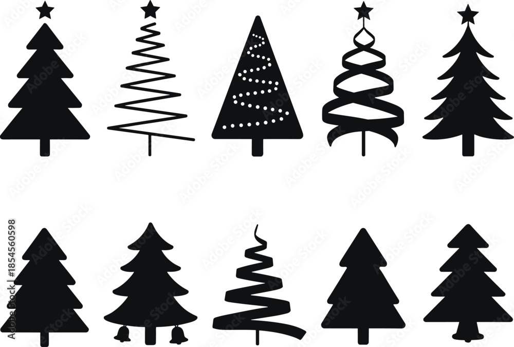 Obraz premium Eight Black and White Christmas Tree with Stars and Bells