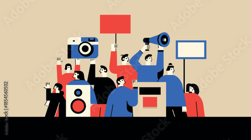 Protest Crowd with Megaphone and Signs – Public Demonstration, Social Movement and Activism Vector Illustration