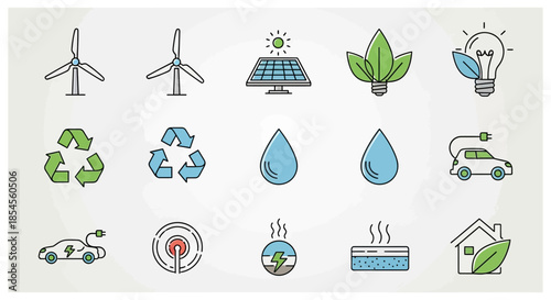 Stunning collection of modern eco-friendly icons featuring renewable energy, sustainability, and green living concepts for dynamic design projects.