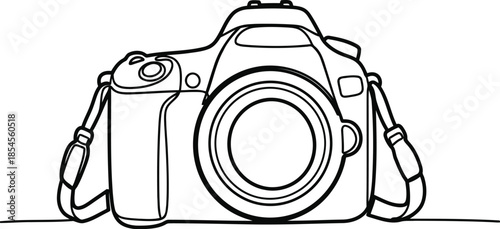Hand drawn sketch of a professional dslr camera with a lens and strap