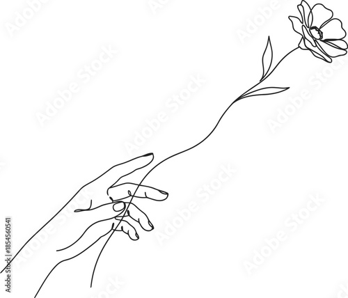 Elegant single line drawing of a hand holding a delicate rose flower