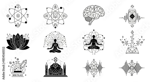 Unleash profound mental clarity and spiritual growth with these modern, abstract icons representing meditation, knowledge, and cosmic connection.