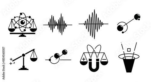 Dynamic science icons show atomic structure, sound waves, molecular bonds, and magnetic forces for innovation and discovery concepts