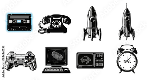 Retro technology collage featuring cassette tape, rotary phone, rockets, gamepad, computer, TV, and alarm clock for nostalgic design projects