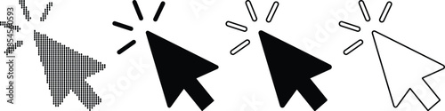 Graphic illustration comprising of multiple click arrow cursor icons, depicting different styles and display resolutions