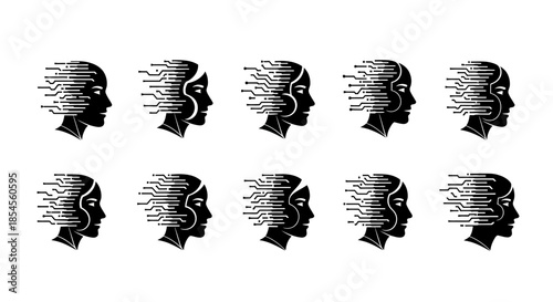 Dynamic digital human profiles evolving with circuit board patterns representing artificial intelligence and tech transformation