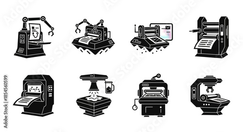 Dynamic set of modern industrial automation machines and robotics icons for manufacturing and production process visualization