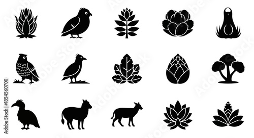 Collection of stylized silhouette icons featuring birds, plants, animals, and natural elements for versatile design applications