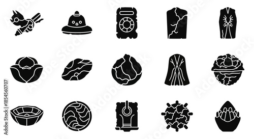 Discover a diverse collection of stylized icons representing ancient artifacts, food items, and abstract shapes, perfect for modern design projects.
