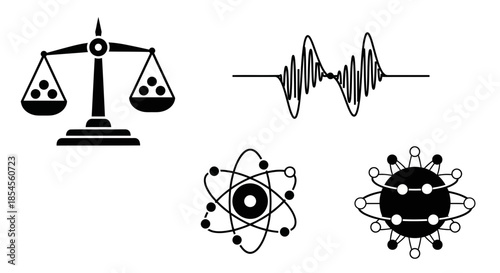 Abstract scientific icons representing balance, waves, atomic structure, and molecular bonds for innovation and research concepts