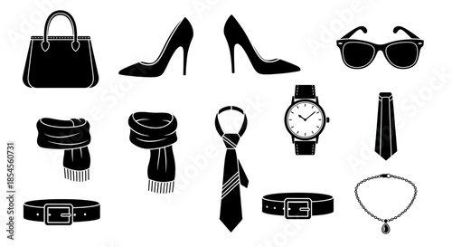 Elegant collection of fashion accessories like handbags, high heels, sunglasses, scarves, ties, watches, belts, and necklaces for stylish individuals.